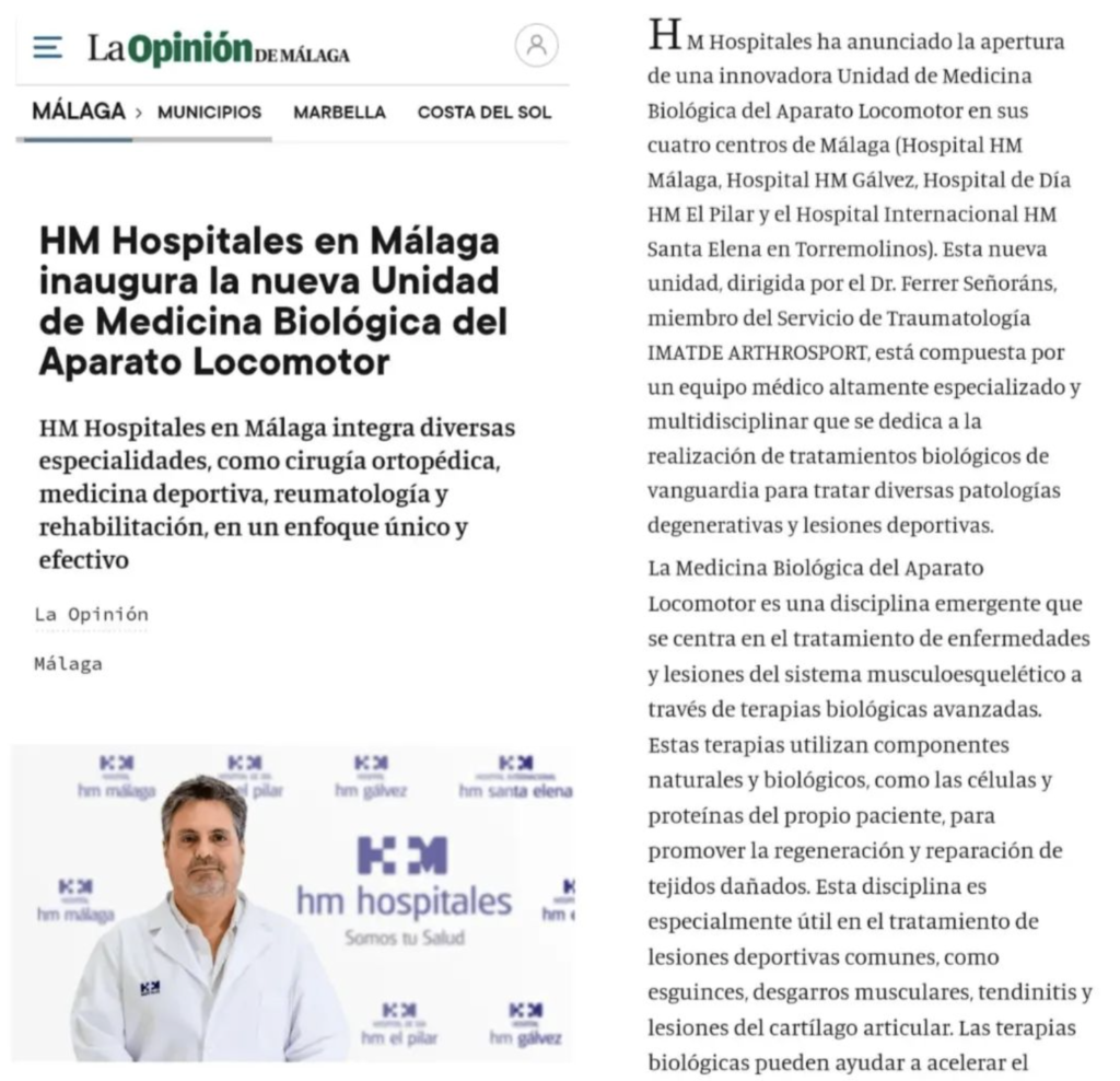 HM Hospitales en Málaga inaugura la nueva Unidad de Medicina Biológica del Aparato Locomotor. Dr Carlos Ferrer Señoráns